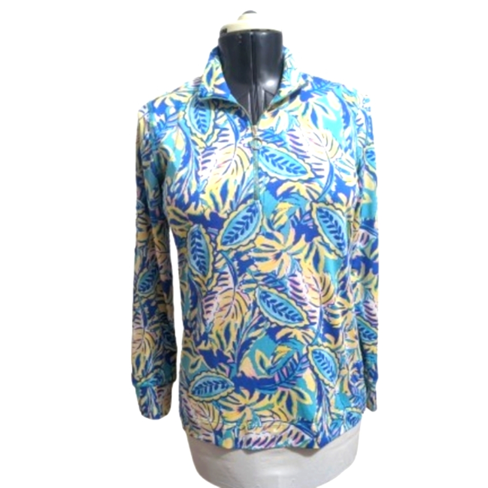 Stella Parker Golf Top Collection Partial Zip Sm Blue Print